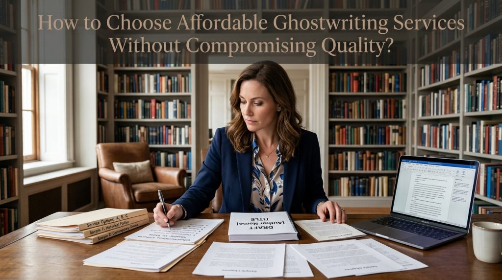 Female author choosing affordable ghostwriting services with quality focus