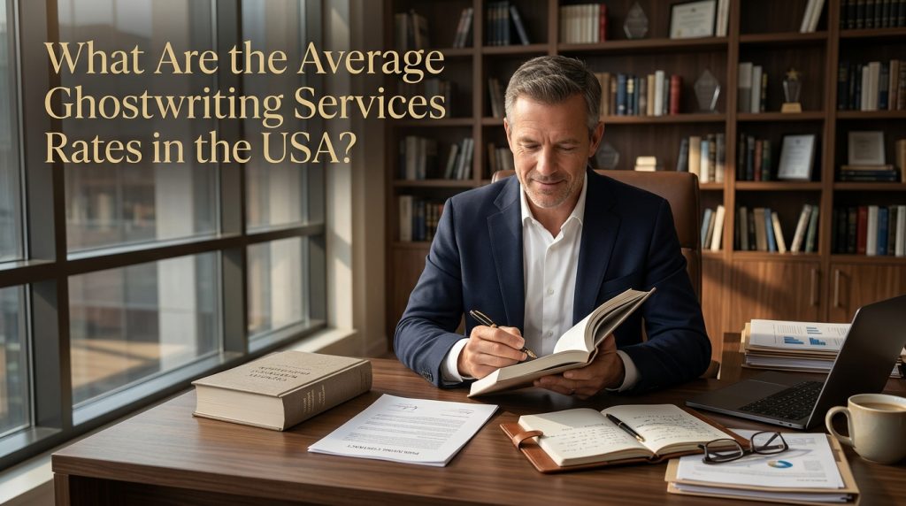 Professional ghostwriting workspace showing book manuscript and pricing research