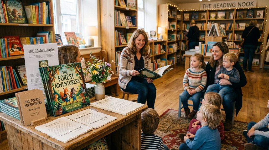 Children’s book launch event with author, parents, and young readers