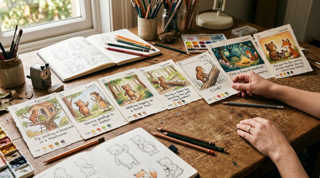 Storyboard planning scenes for a children's picture book