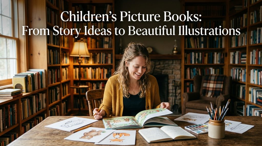 Woman creating children's picture book illustrations