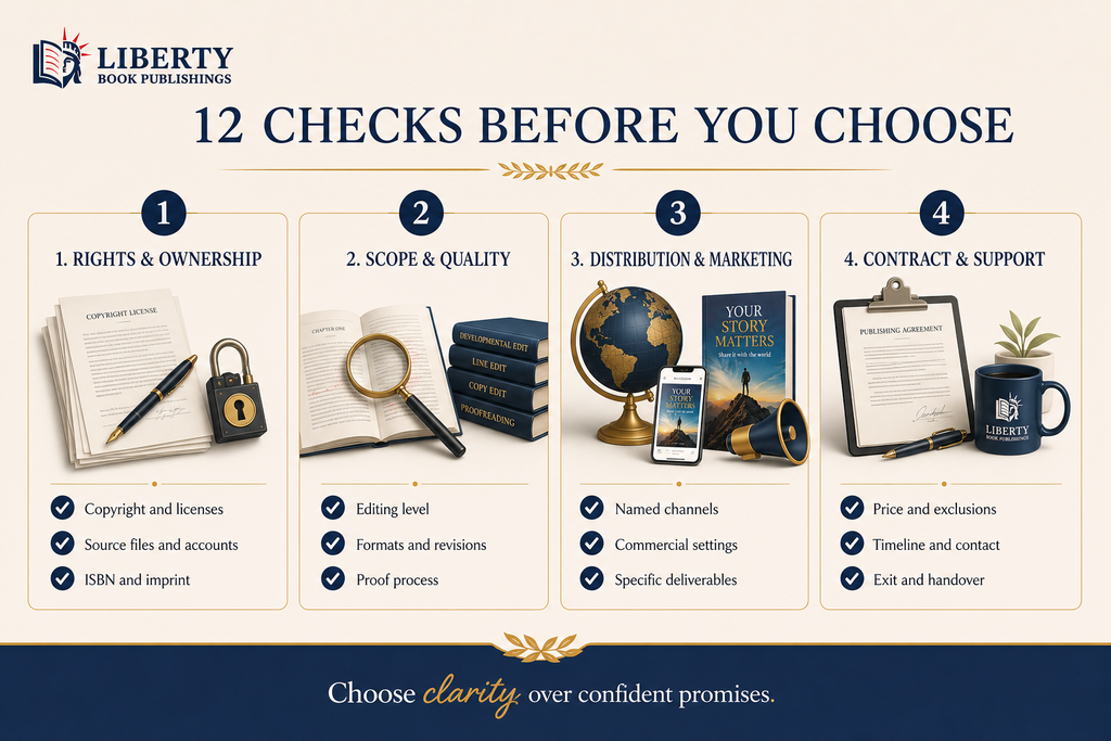 Twelve checks for rights, deliverables, accounts, quality, distribution, marketing, communication, and exit terms.