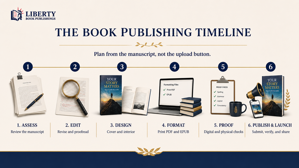 An author planning a release date beside a manuscript, book proof, and digital preview.