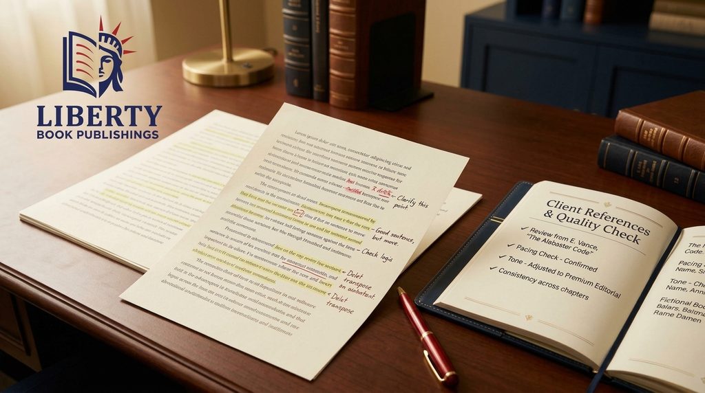 Author reviewing manuscript samples and editor references for quality